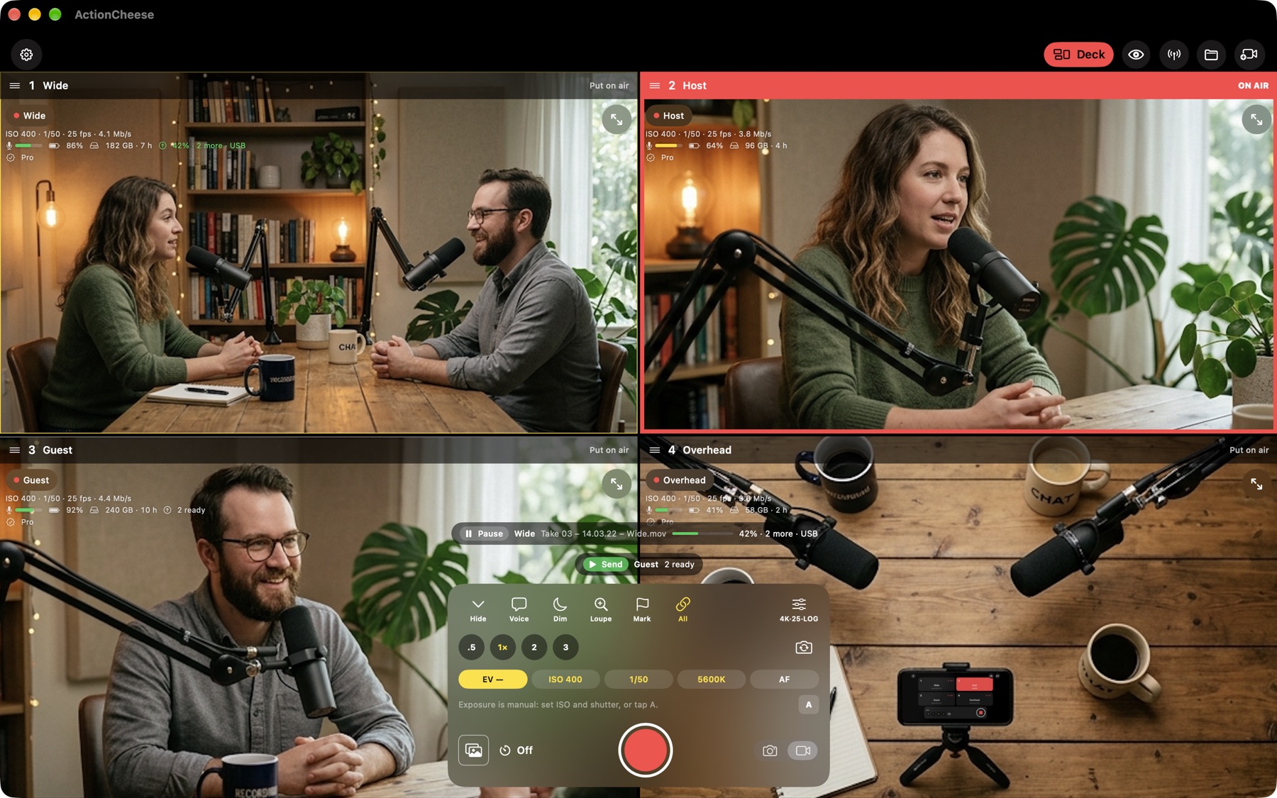 ActionCheese on a Mac during the shoot: four iPhone cameras, Host on air