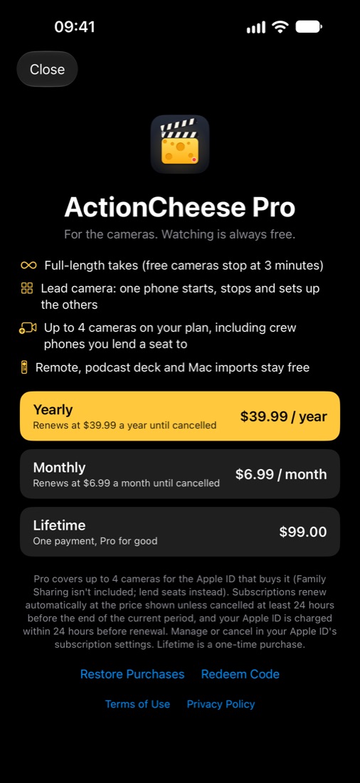 The ActionCheese Pro screen: yearly, monthly and lifetime plans, with Restore Purchases and Redeem Code