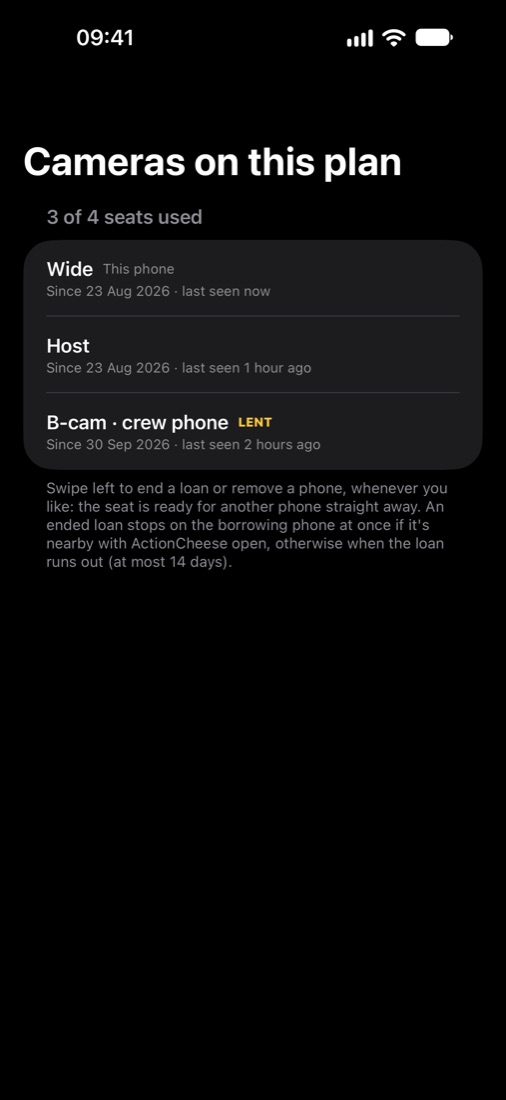 Cameras on this plan: 3 of 4 seats used, with Wide (this phone), Host, and B-cam as a lent crew phone
