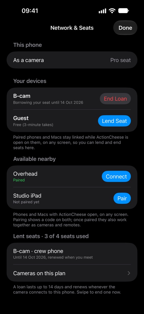 Network & Seats: this phone has a Pro seat; under Your devices, B-cam borrows a seat until 10 October with End Loan and Guest is free with Lend Seat; nearby, Overhead can Connect and Studio iPad can Pair