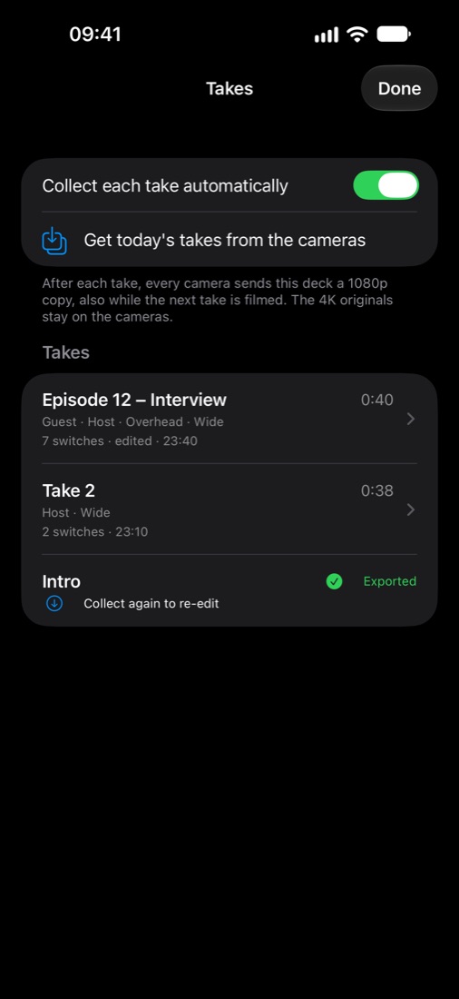 The deck's Takes list: Collect each take automatically, Get today's takes from the cameras, an edited four-camera take called Episode 12 – Interview, Take 2, and an exported take with Collect again to re-edit