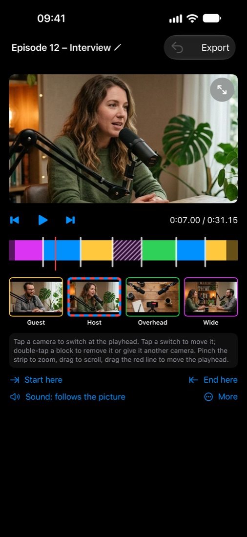 The editor: the Host camera playing, a strip of coloured blocks with a hatched removed part, four camera pictures with Host on air, Start here and End here, Sound and More