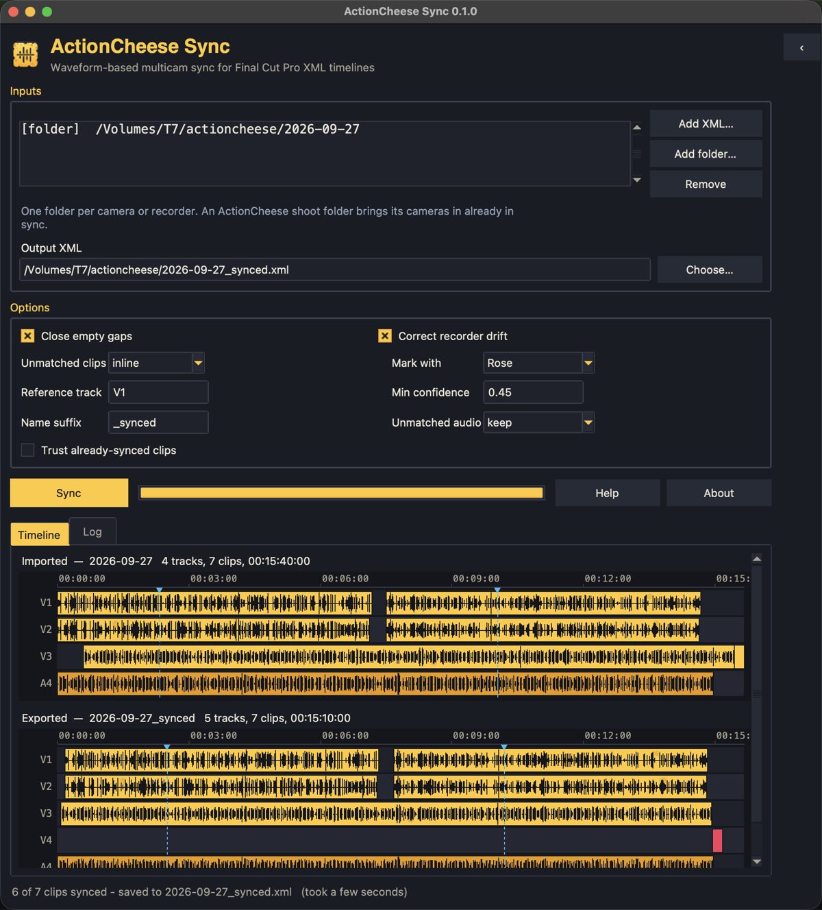 ActionCheese Sync after a sync: the Timeline tab shows the imported tracks above the exported ones, with the Sony track moved into place, the recorder under the phones and one unmatched clip on a new track in red